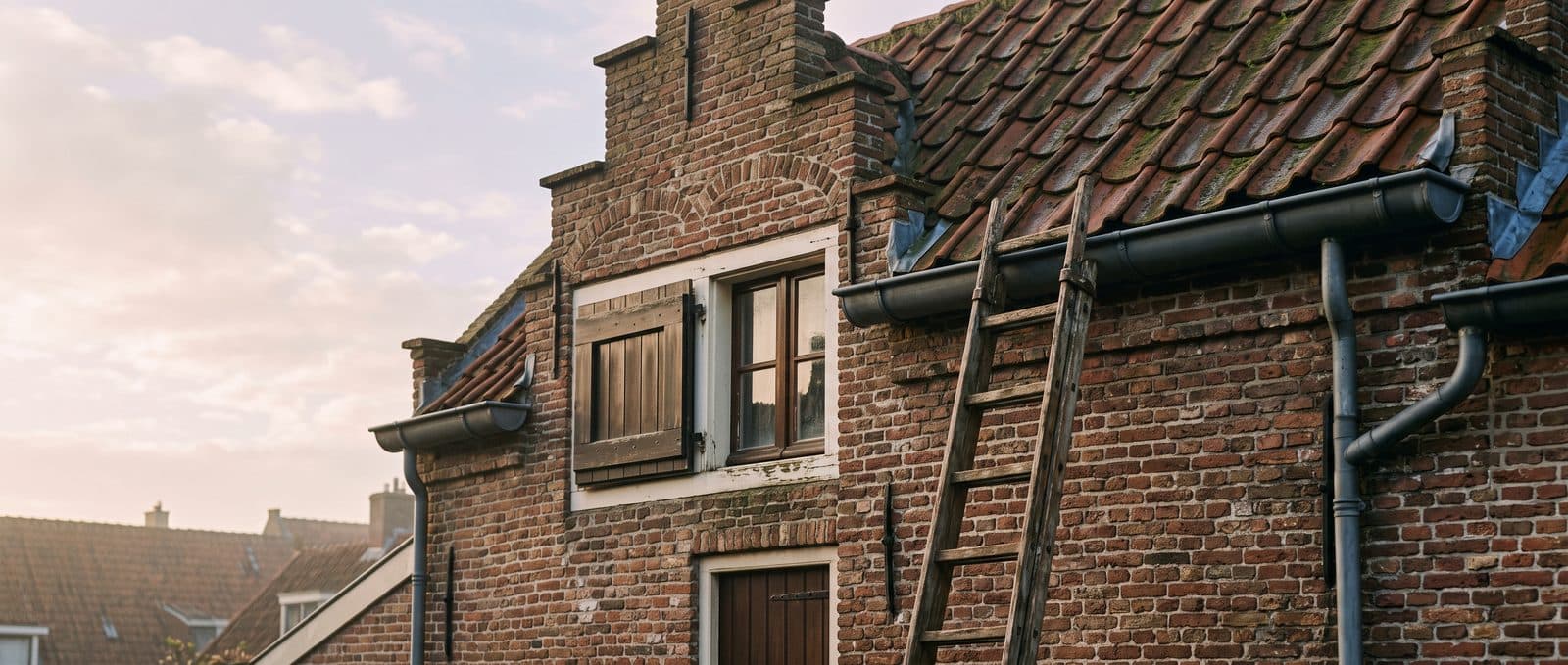 Rode dakpannen en een bakstenen geveltop van een Nederlandse rijwoning, met een houten ladder tegen de zinken dakgoot