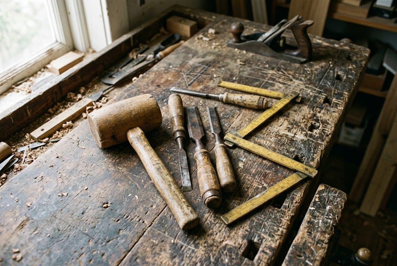 Gereedschap van een timmerman op een werkbank: een houten hamer, beitels en een duimstok tussen zaagsel en potloodstrepen