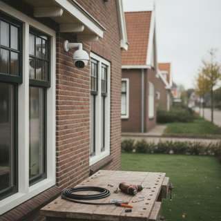 Een bewakingscamera onder de dakrand van een rijtjeshuis, met kabel en gereedschap op de bestrating.