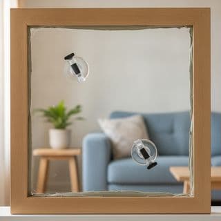 Een houten kozijn met een nieuwe ruit die met twee zuignappen op zijn plek wordt gehouden.