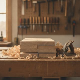 Een werkbank met blokken hout, houtkrullen en een rek met handgereedschap erboven.