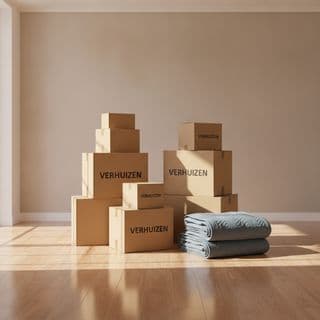 Een stapel verhuisdozen met verhuisdekens ervoor in een lege kamer.