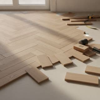 Visgraatparket in aanleg, met losse planken en gereedschap op de vloer.